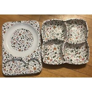 Vintage Lot MCM 3 Floral Picnic Tray Plates & Divided Bowl Cottagecore Retro EUC